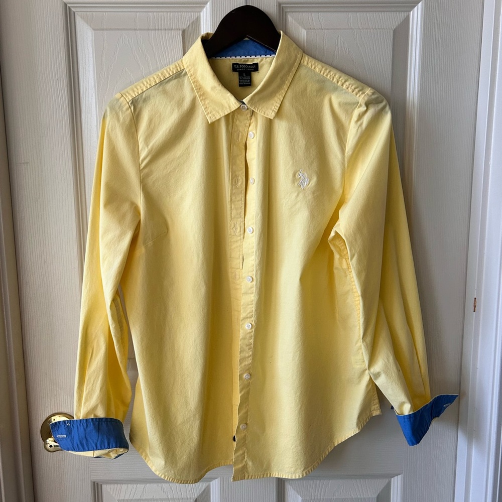 U.S. Polo Assn. Women's Yellow Button-Down Shirt with Blue Cuff Detail